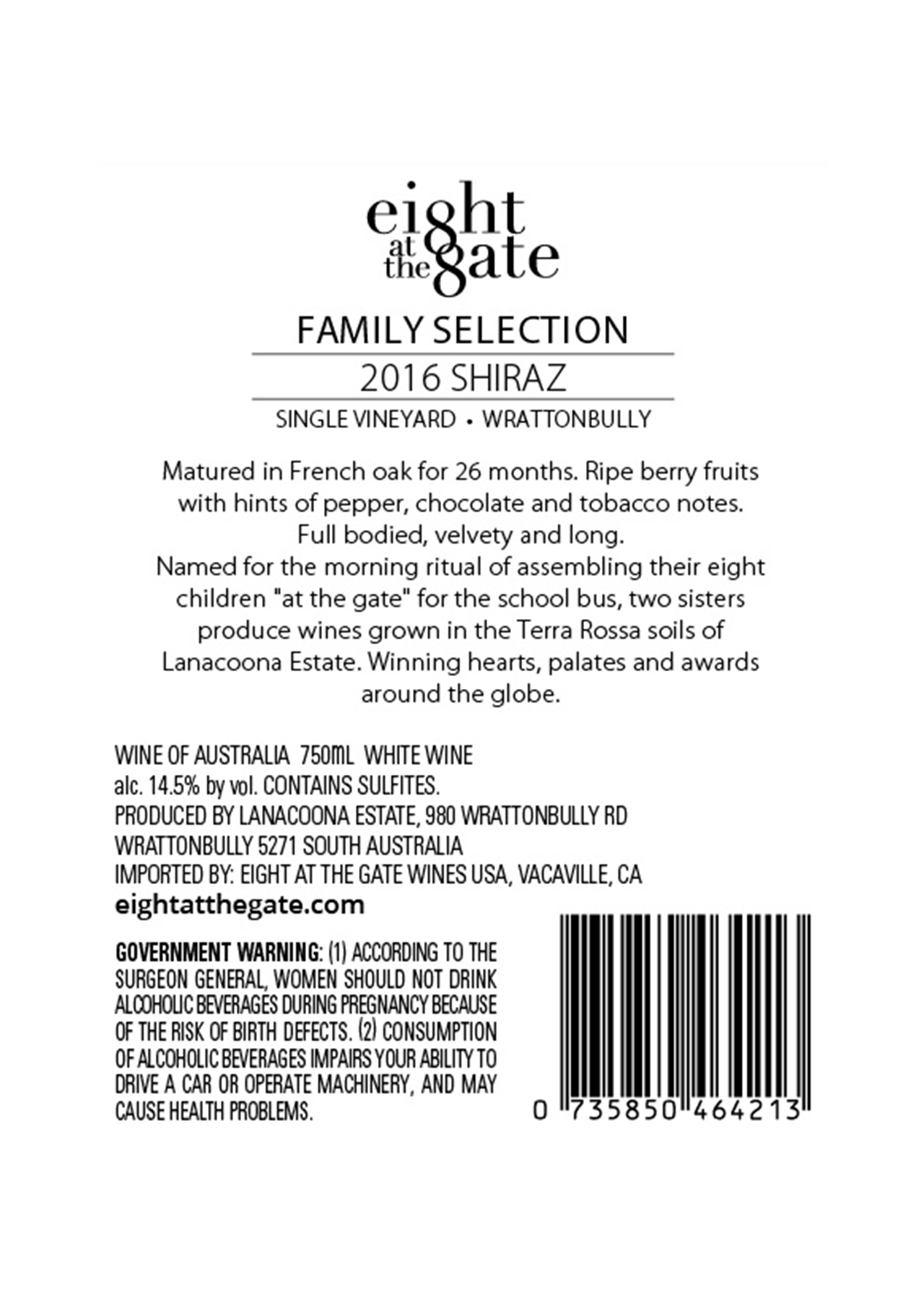 Eight at the Gate 2016 Shiraz label