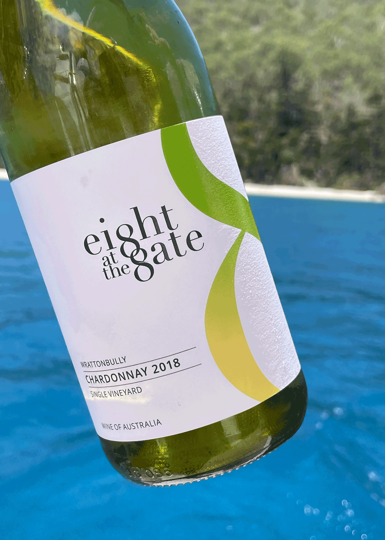 Close up of the Eight at the Gate 2018 Chardonnay front label.